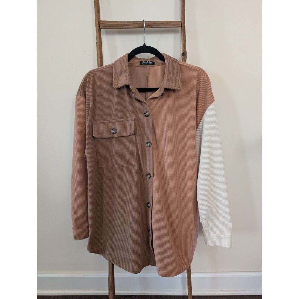 Jolie & Joy women’s L brown and cream color block corduroy shirt, LARGE